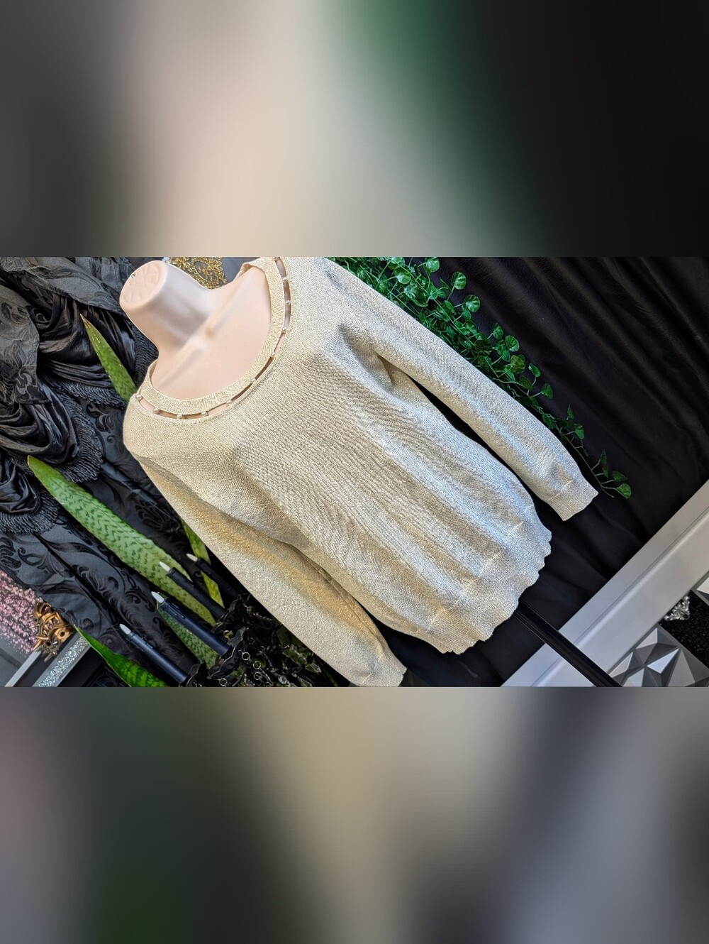 Ny Collection Ivory Pearl Collar Sweater SM